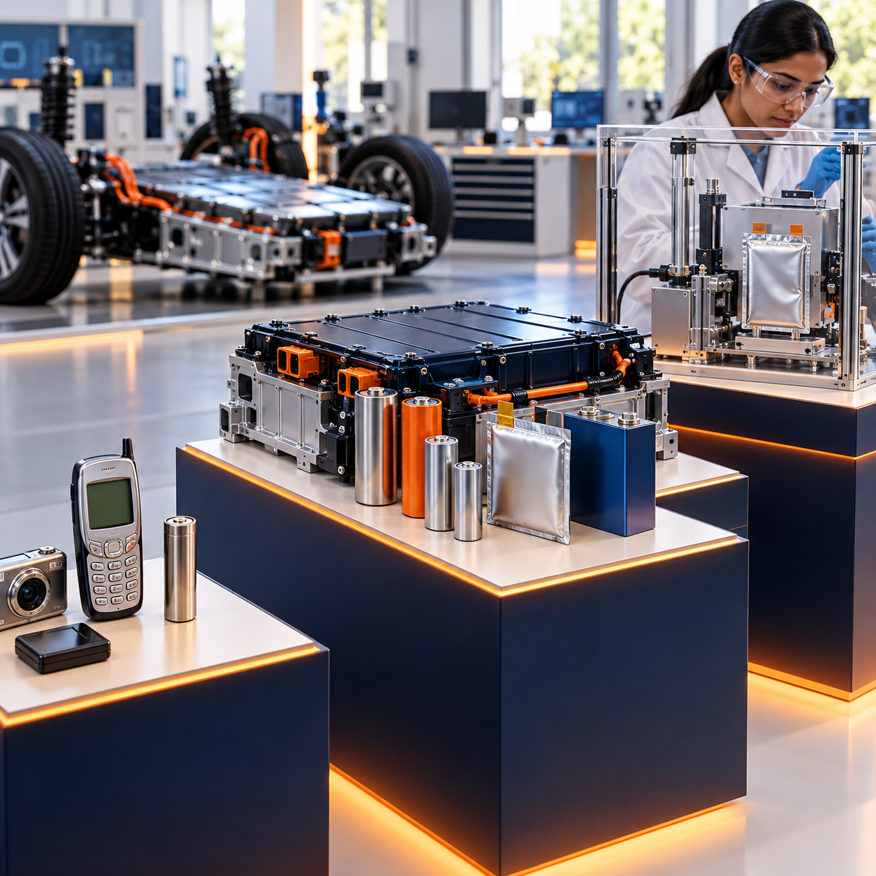 Battery industry lab — cell formats (cylindrical, prismatic, pouch), battery pack assembly, engineer inspecting cells