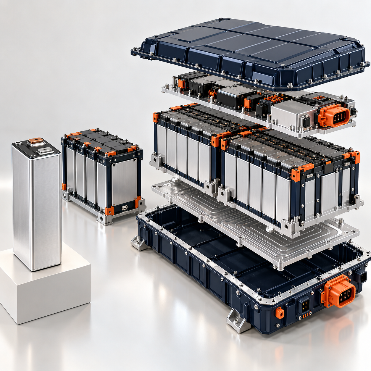 Battery pack layers exploded — individual cells, modules, pack enclosure and lid showing the technology evolution from cell to system