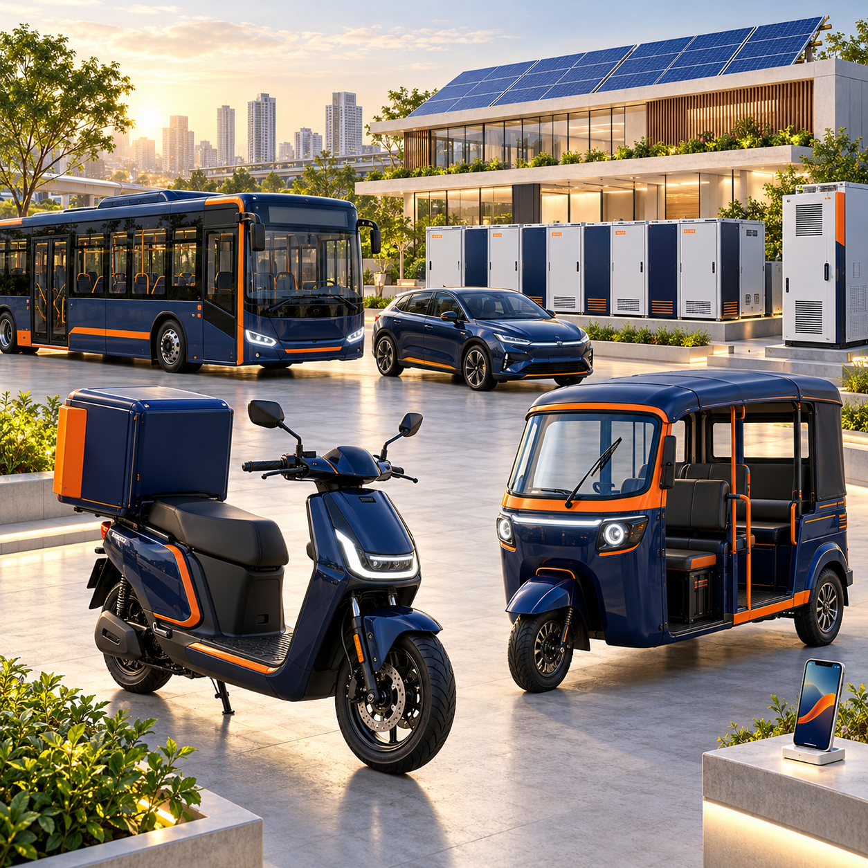 Battery applications in India — electric scooter (2W), electric auto-rickshaw (3W), electric bus, electric car, and BESS storage units
