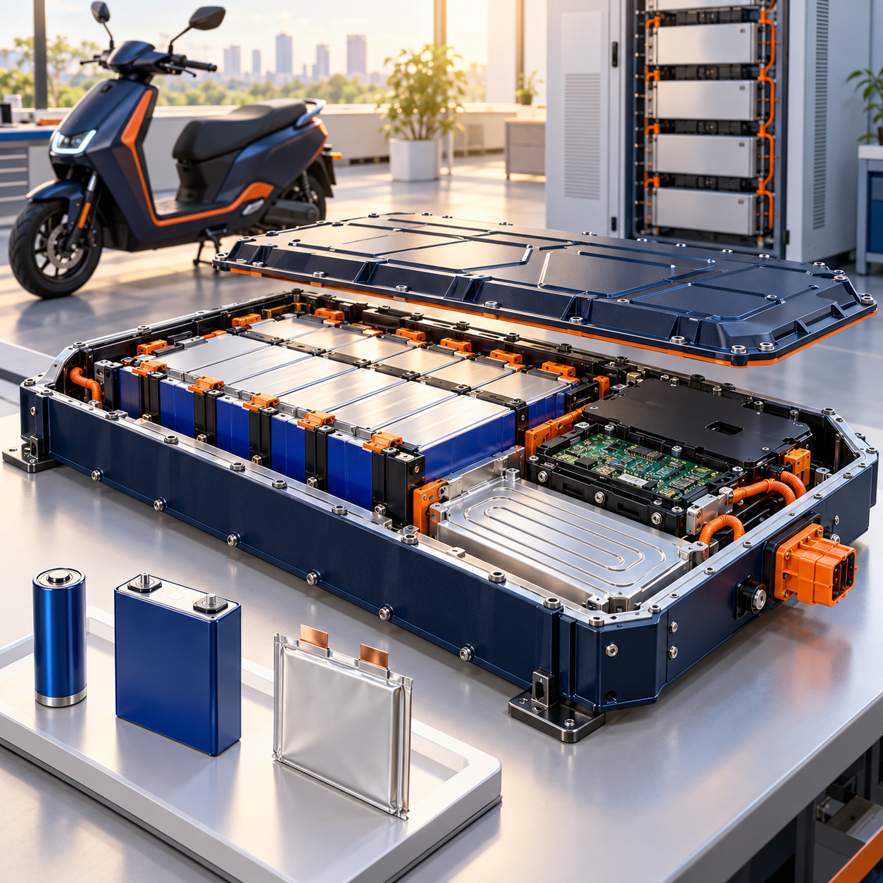 Battery pack open lid showing prismatic cells, BMS circuit board, liquid cooling plate, orange HV connectors — complete pack design
