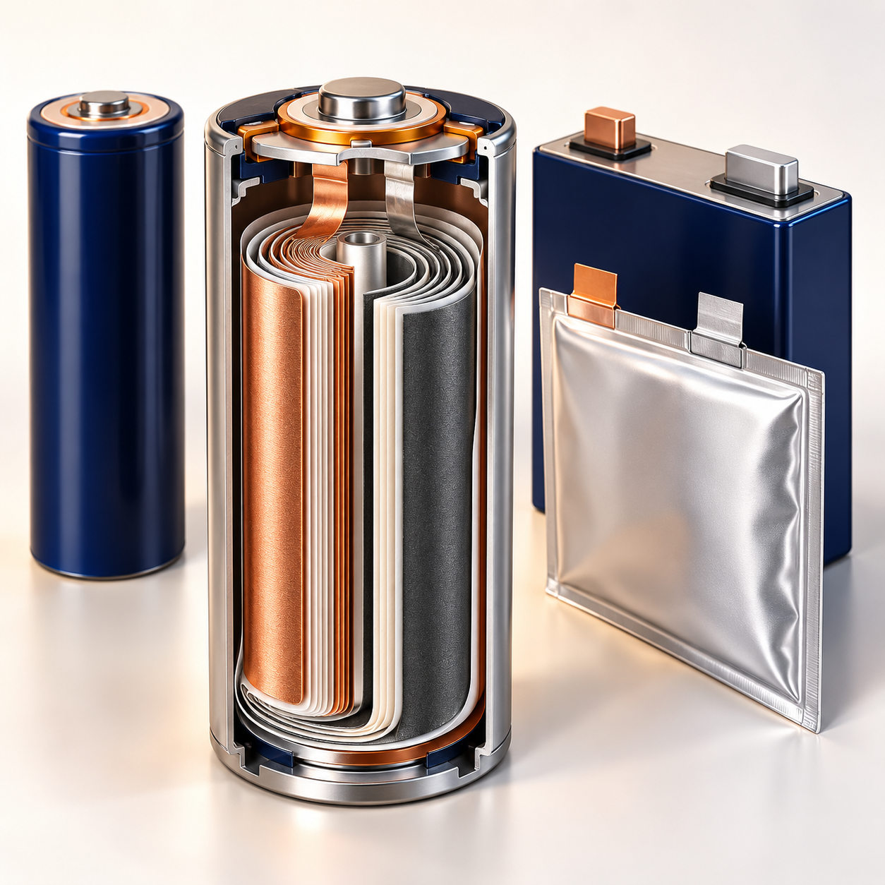 Lithium-ion cell formats — cylindrical cell cutaway showing internal layers (anode, cathode, separator), prismatic cell and pouch cell