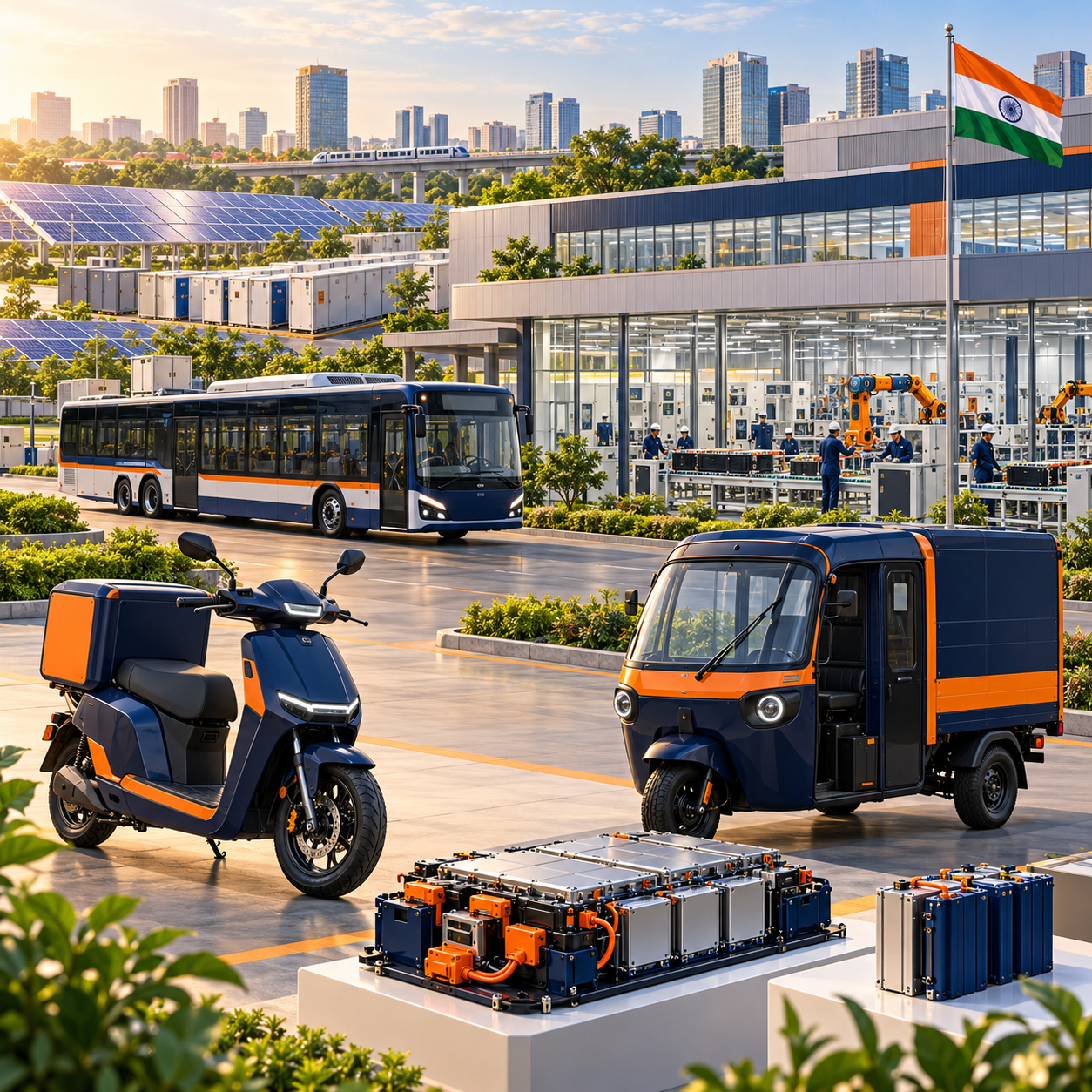 India EV ecosystem — 2W, 3W, electric bus, BESS and battery manufacturing facility with Indian flag